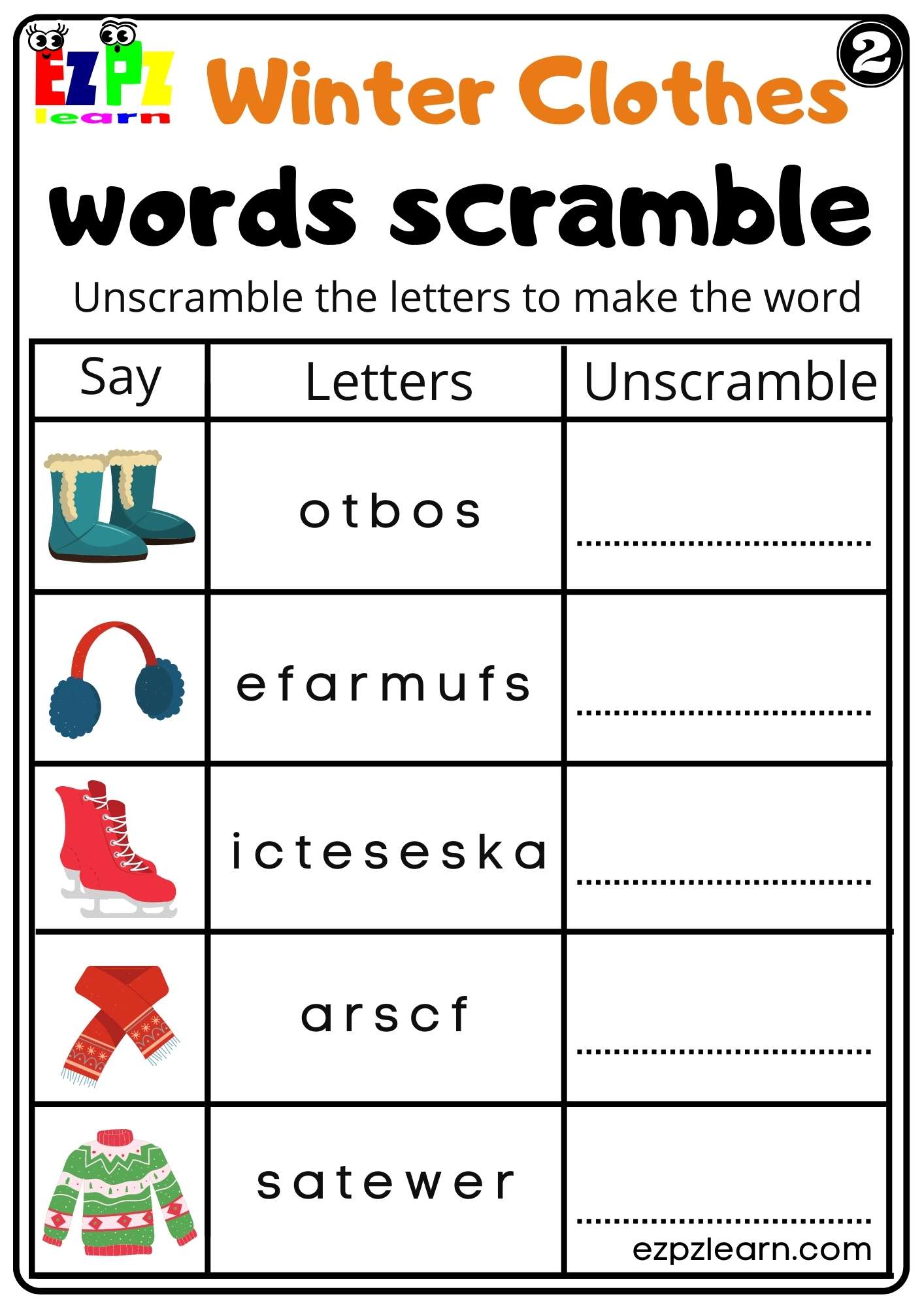 Winter Clothes Word Scramble Worksheet K5 and ESL PDF Download Set 2